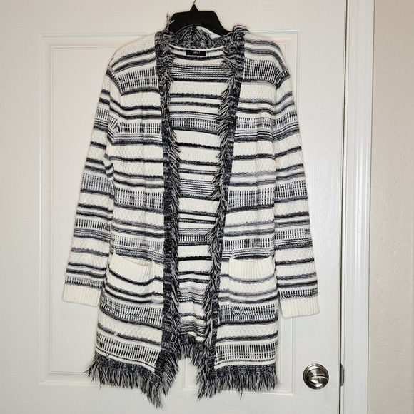 Very J Sweaters - Very J open front fringe striped cardigan, gray and white, size small